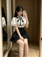 Cute White Jirai Kei School Girl Lolita Dress Short Sleeve Midi Skirt Set