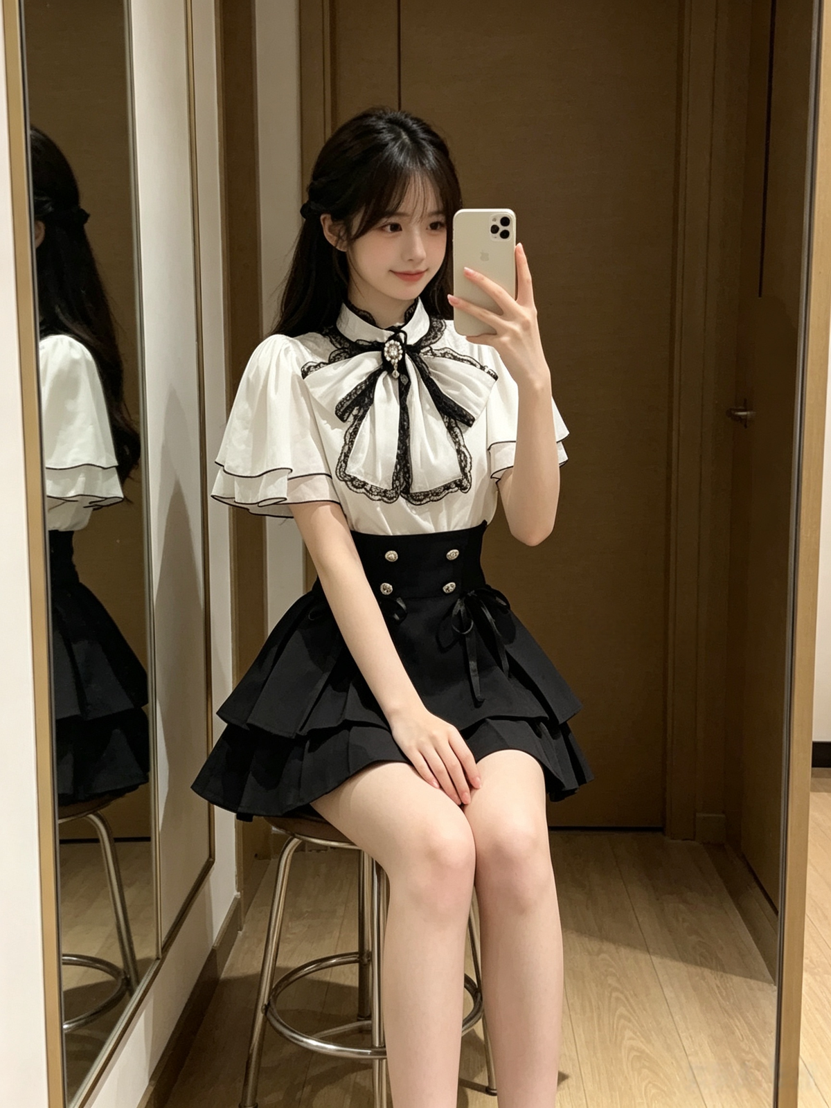 Cute White Jirai Kei School Girl Lolita Dress Short Sleeve Midi Skirt Set