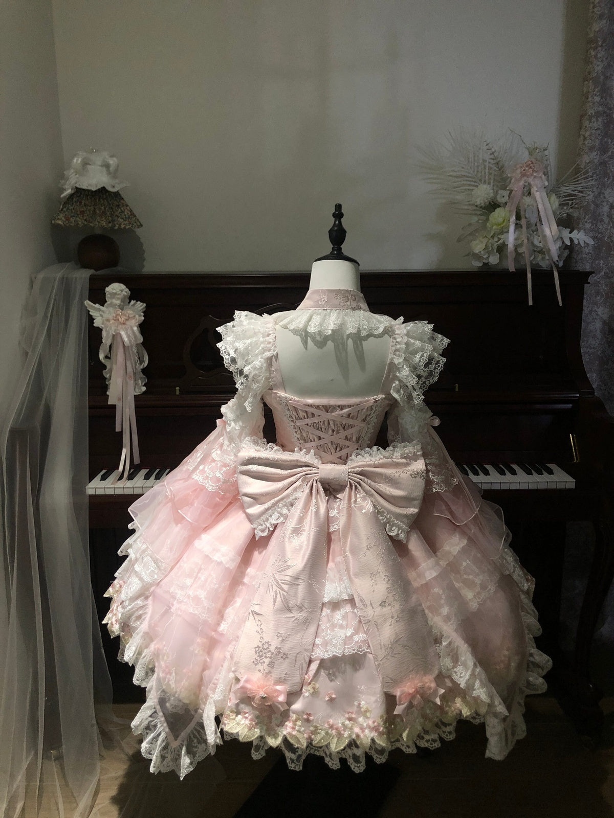 Pink Qi Lolita JSK Dress with Detachable Sleeves & Back Bow