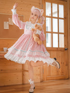 Pink Polka Dot Sweet Lolita OP Long Sleeve Dress & Headpiece