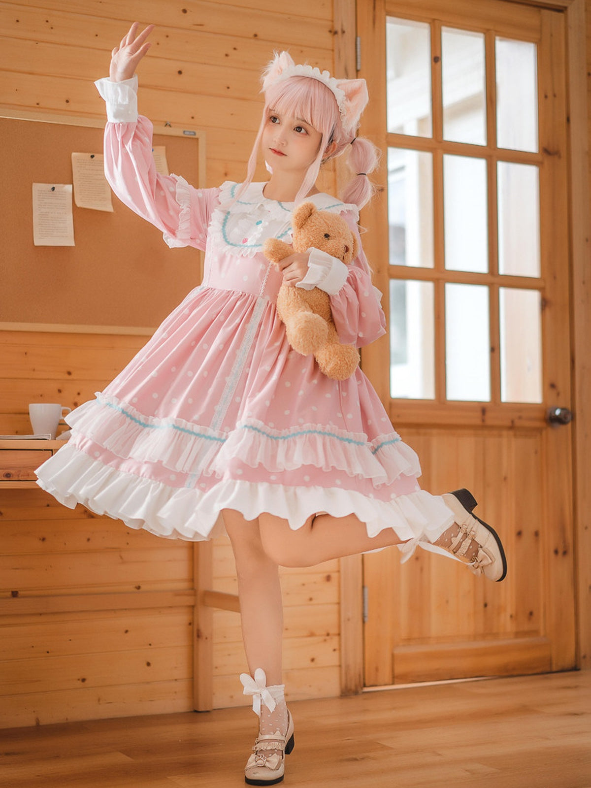 Pink Polka Dot Sweet Lolita OP Long Sleeve Dress & Headpiece