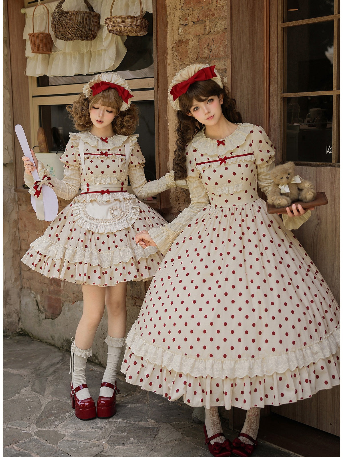 Long Doll Lolita Cotton Print OP Set with Apron & BNT