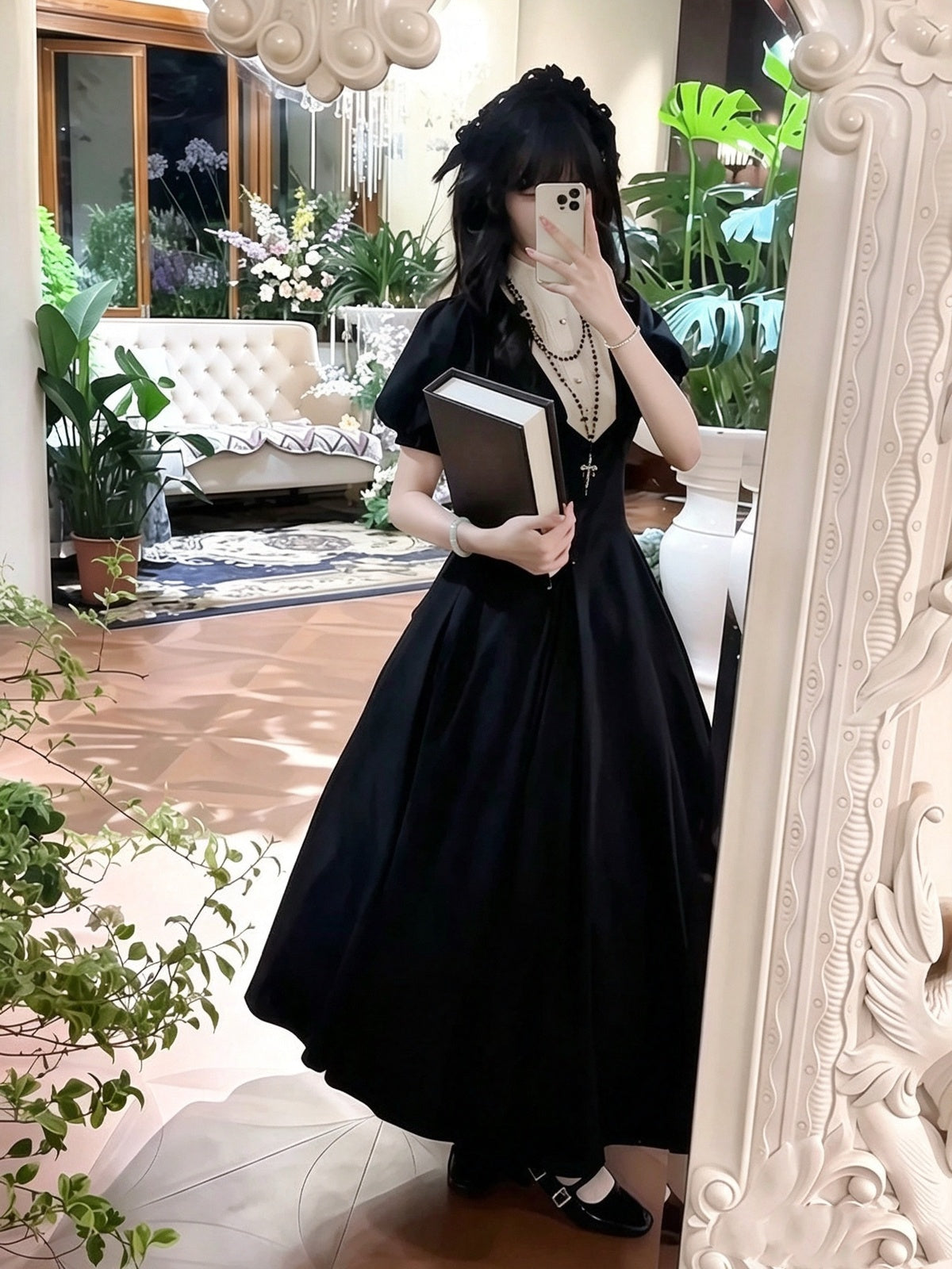 Gothic Nun Lolita Vintage Court Dress with Necklace