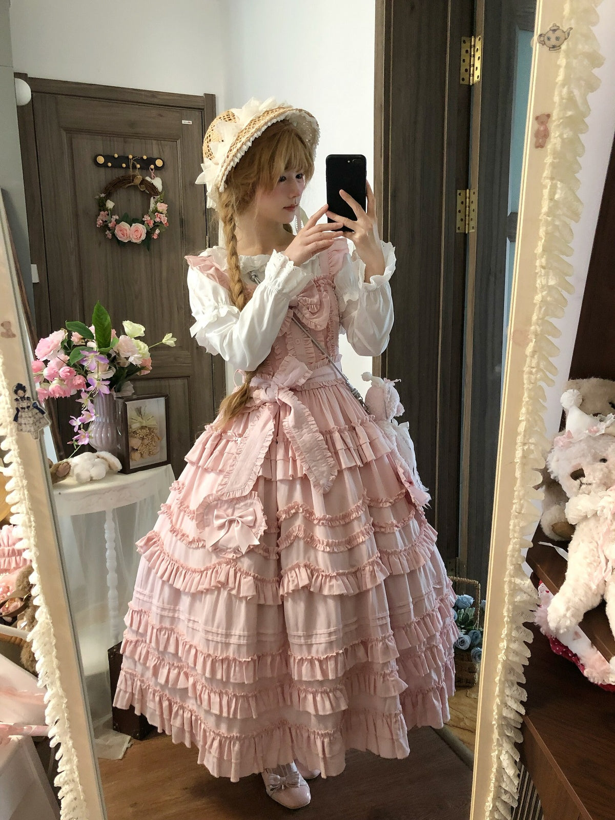Pink Classical Lolita JSK Dress with Headband | Winter Gown