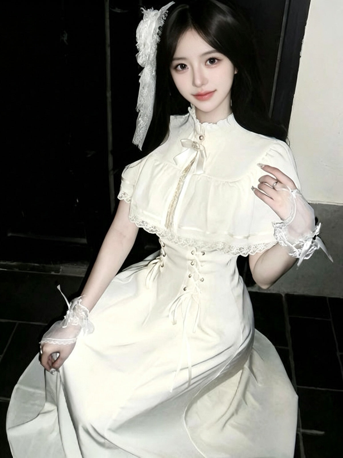 Elegant Off White Vintage Lace Lolita Dress Short Sleeve Midi JSK Set