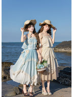 Blue Green Lolita Camisole Top & Asymmetrical Skirt Set
