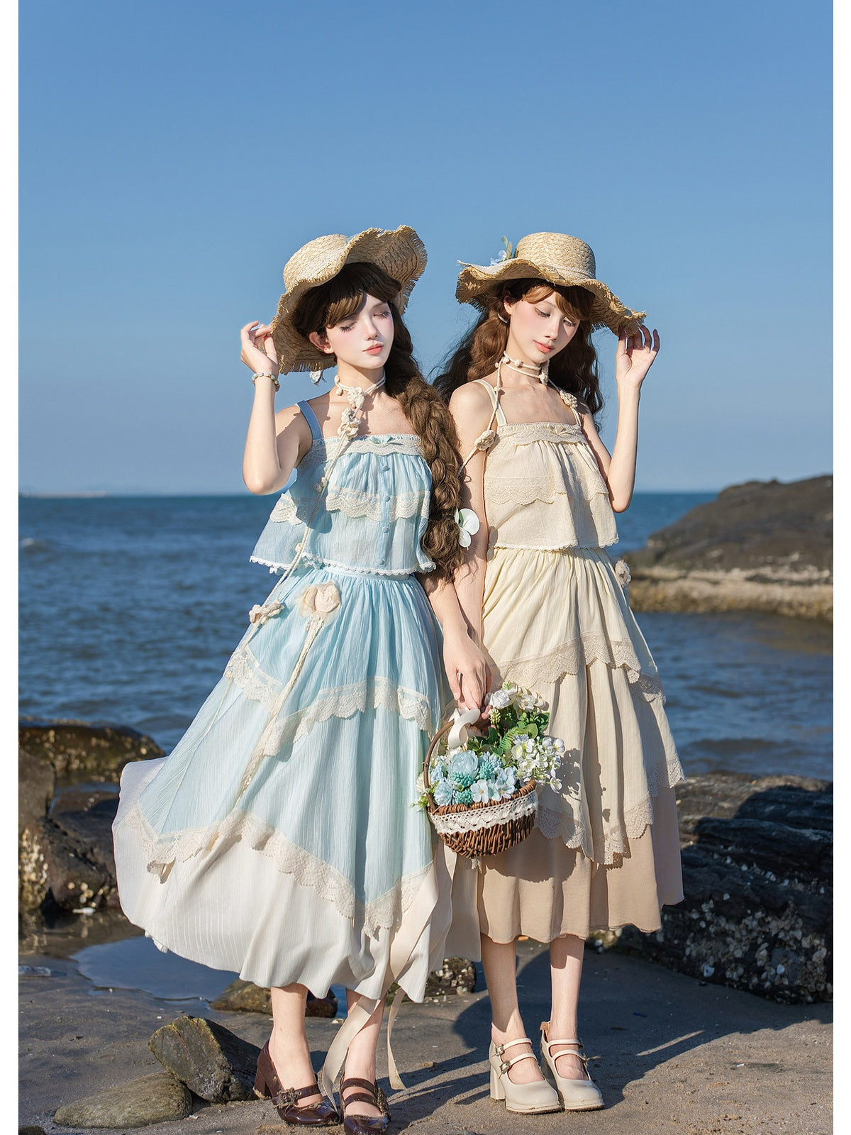 Blue Green Lolita Camisole Top & Asymmetrical Skirt Set