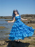 Blue Square Neck Lolita Dress Set with Seven-Tier Ruffles
