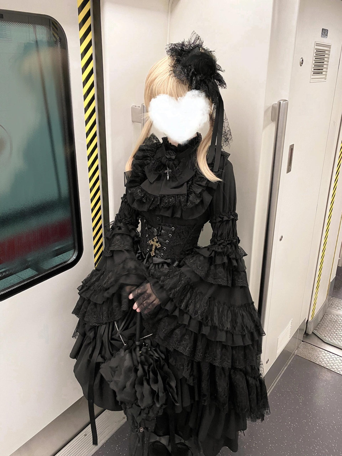 Black Gothic Lolita Dress Set - Long Sleeve Halloween Cosplay Outfit
