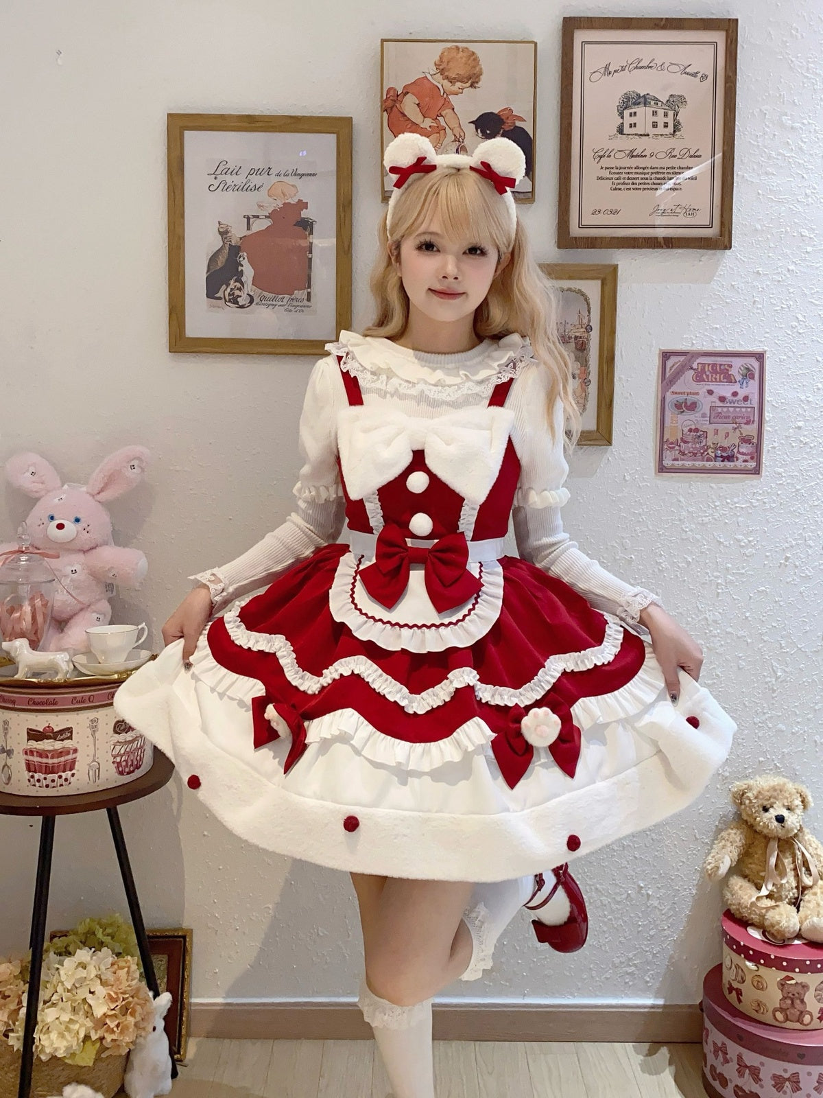 Red Christmas Sweet Lolita JSK Dress & Cute Apron Winter Set