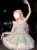 Sweet Mint Green Floral Lolita Princess Dress Set with Train