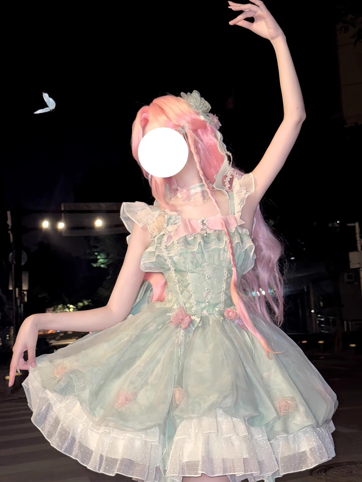 Sweet Mint Green Floral Lolita Princess Dress Set with Train