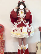 Red New Year & Christmas Lolita Dress Full Set with Cloak & Train