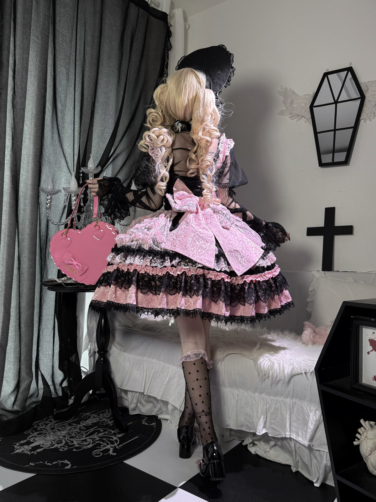 Black Pink Gothic Lolita JSK Dress Set with Bonnet | Doll Gown