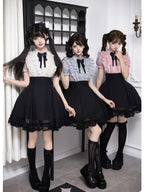 Black Off-White Color Block Lolita Short Dress with Rhinestone Necktie