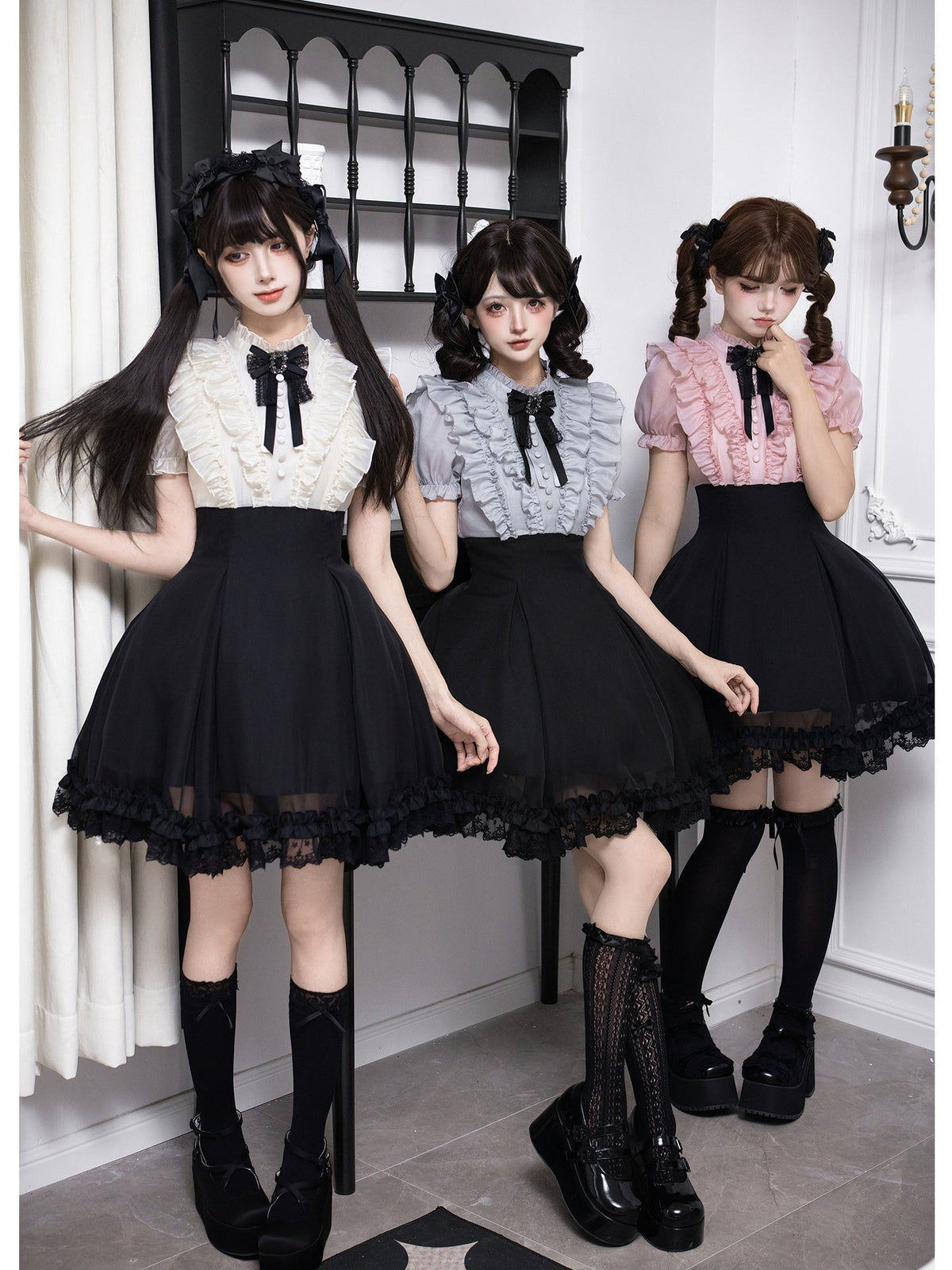 Black Off-White Color Block Lolita Short Dress with Rhinestone Necktie