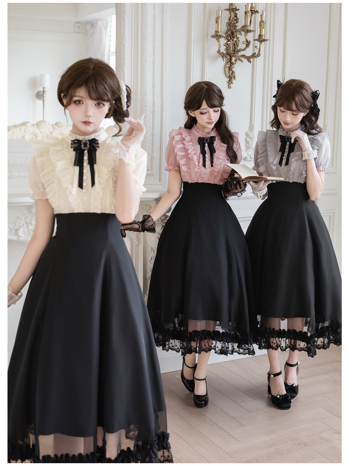 Black Off-White Color Block Lolita Long Dress with Rhinestone Necktie
