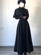 Gothic Black Long Lolita Dress Set with Bowknot Cape & Knit Sleeves