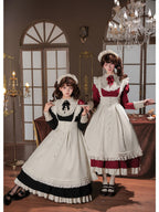 Red Elegant Maid Lolita OP Set with Apron, Necktie & Headband
