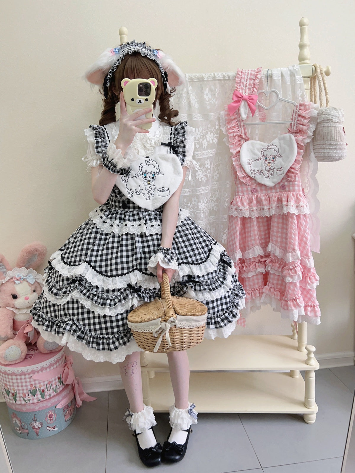 Black Gingham Sweet Lolita JSK Dress & Matching Accessory Set