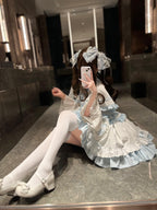 Blue & White Sweet Lolita Dress Set with Cape & Hair Clip Full Set