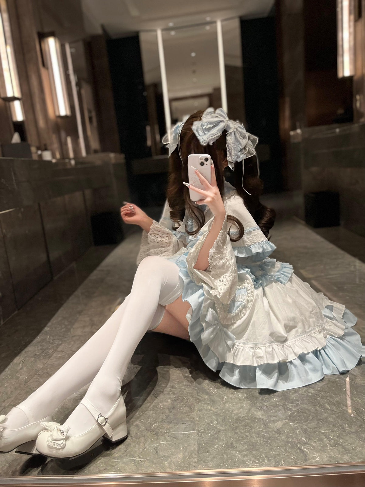 Blue & White Sweet Lolita Dress Set with Cape & Hair Clip Full Set