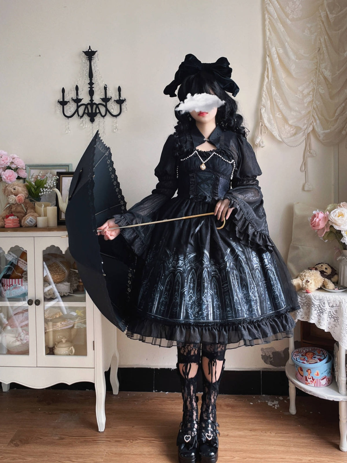 Black Gothic Lolita JSK Dress & Matching Shoulder Cape Set