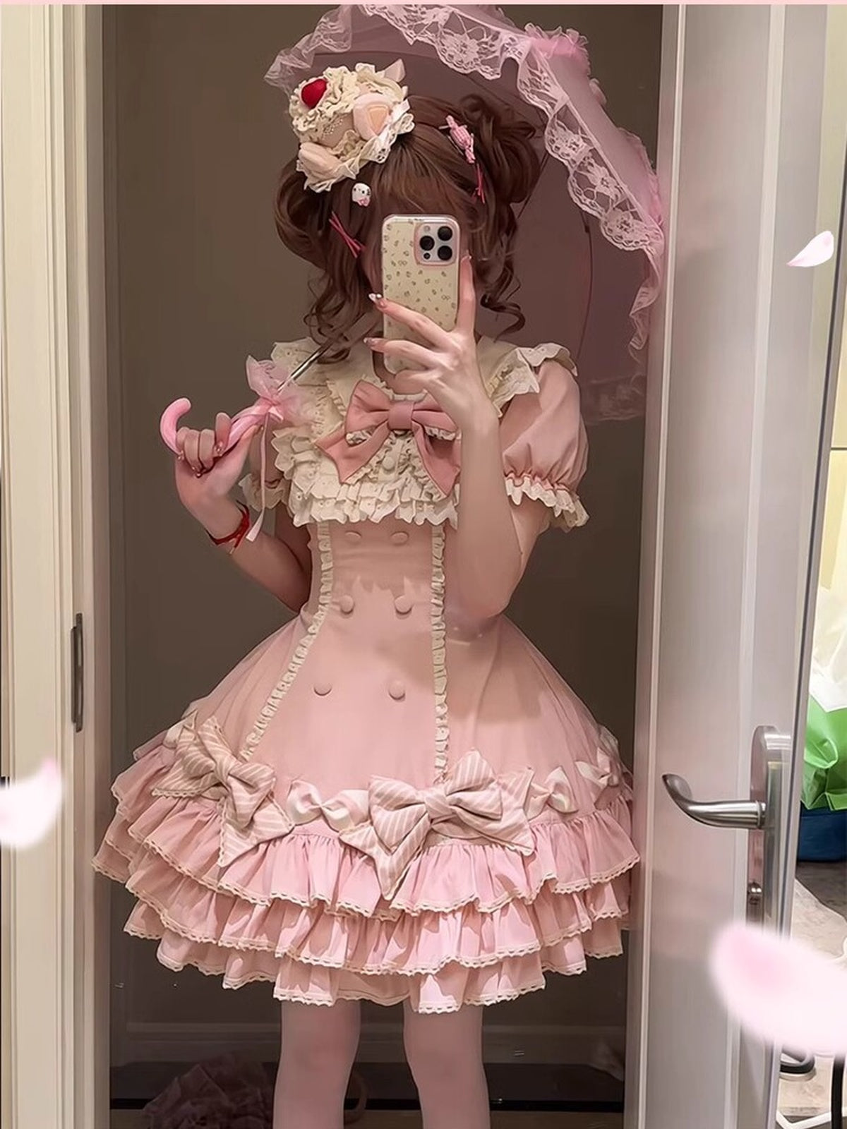 Pink Stripe Sweet Lolita OP Dress Full Set with Hat & Detachable Sleeves