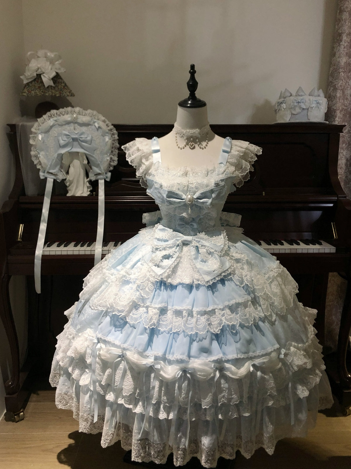 Blue Light Wedding Lolita JSK Dress with BNT Hat & Back Bow