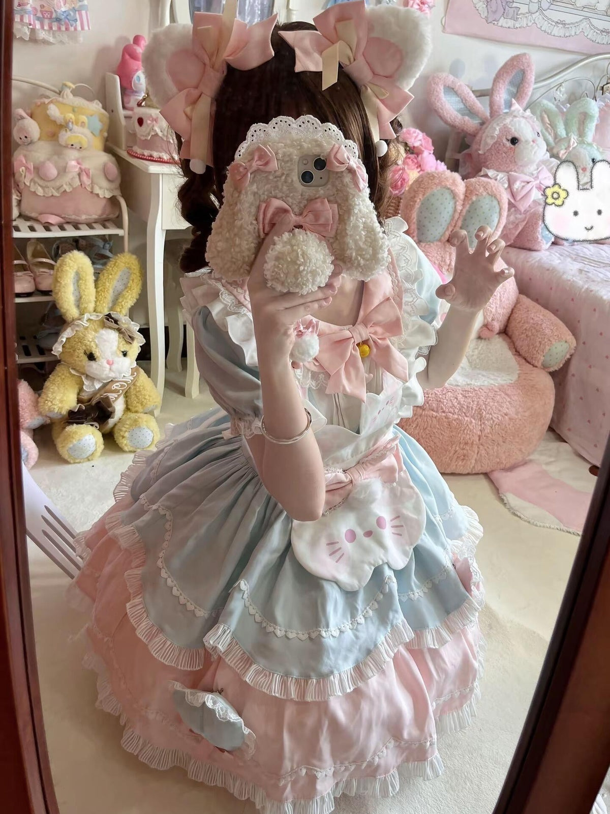 Sweet Cat Lolita OP Dress Short Sleeve Set with Apron & Headband