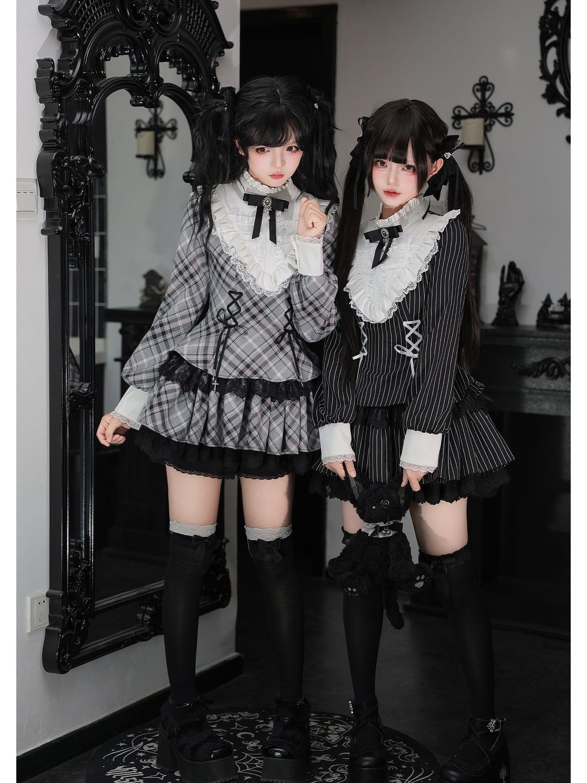 Striped Sweet Lolita Ruffle Dress Set with Slim Panel Cut