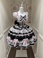 Black & Pink Doll JSK Lolita Dress with Back Bow & Headband
