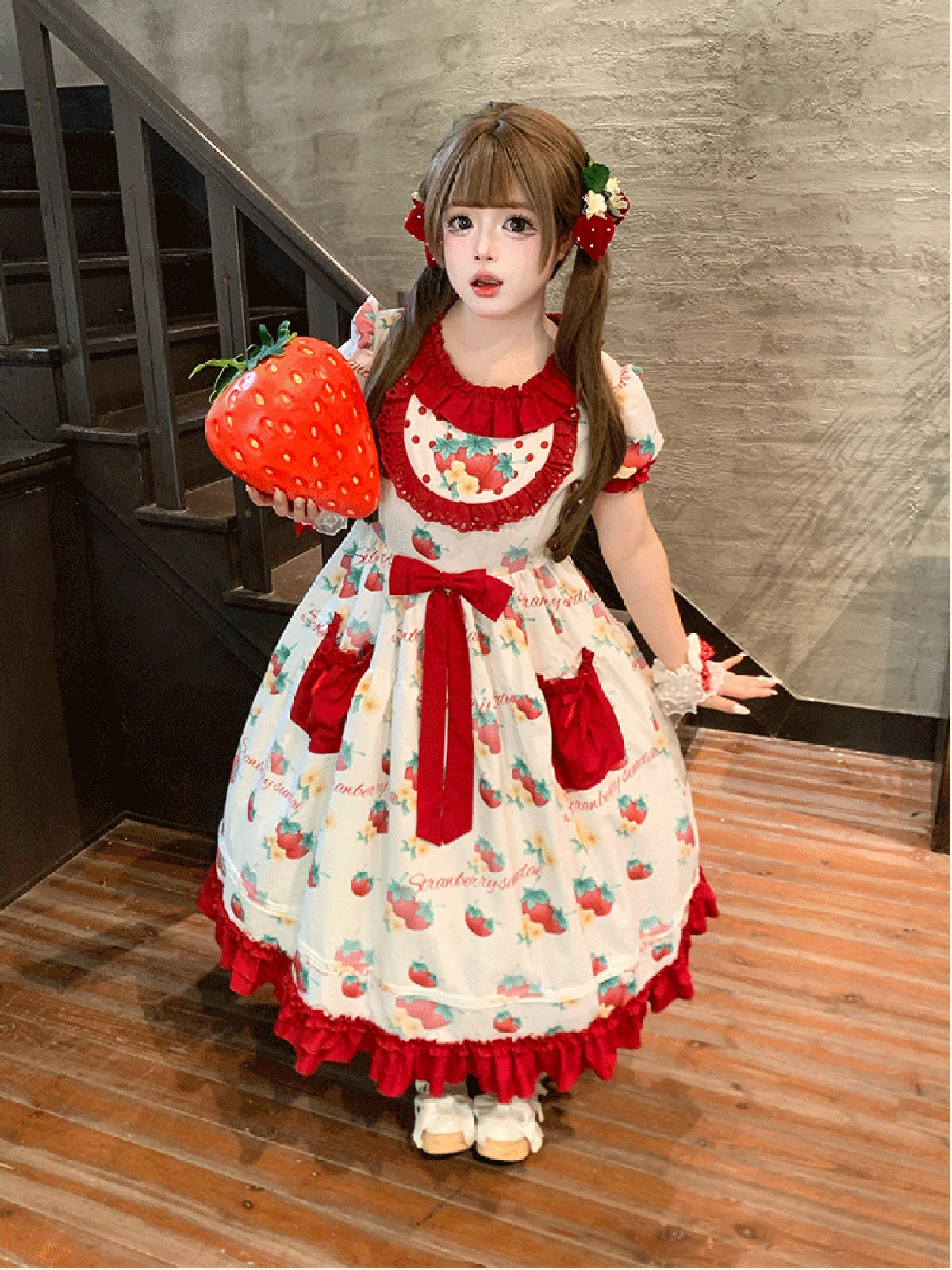 Plus Size Strawberry Print Sweet Lolita OP Dress - Large Hem Long Style