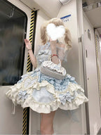 Sweet Blue Halter Gothic Lolita JSK Dress with Bow Train
