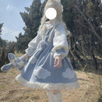 Sky Blue Sweet Lolita Long Sleeve OP Dress with Headband & Petticoat