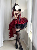Gothic Wine Red High-Low Lolita Dress Set with Detachable Train
