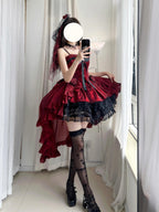 Gothic Wine Red High-Low Lolita Dress Set with Detachable Train