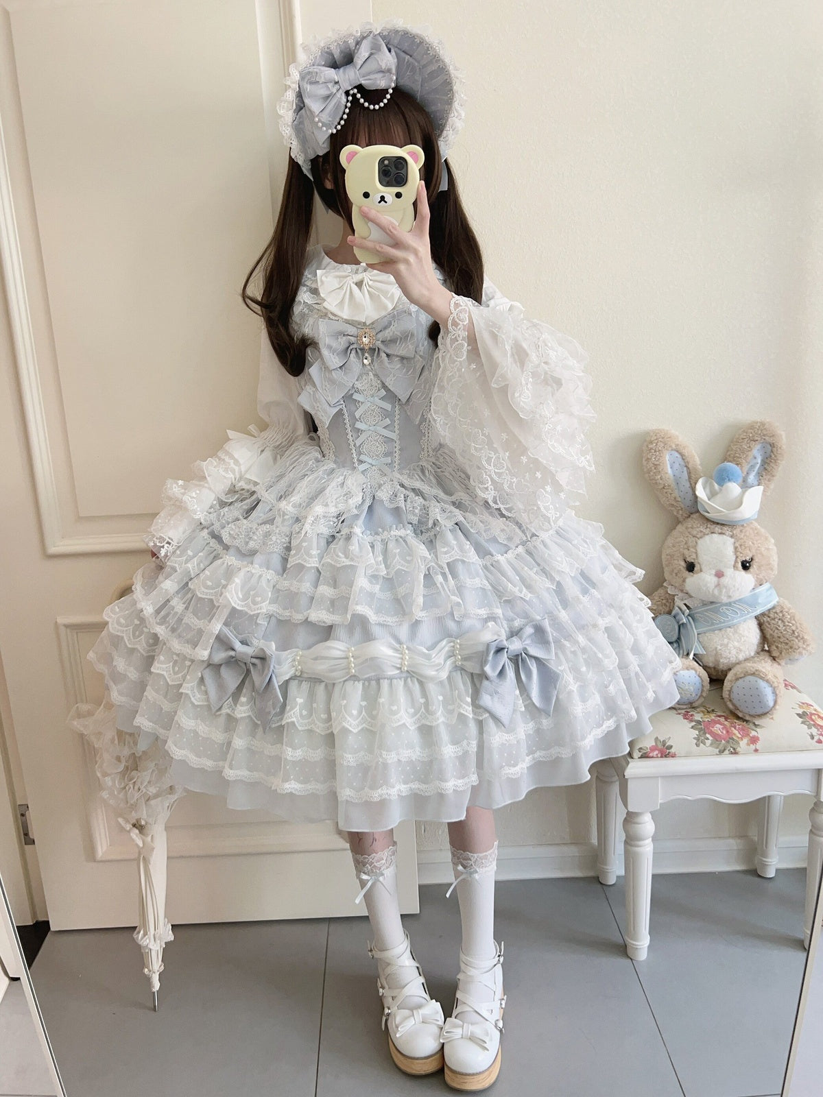 Sax Blue Winter Lolita JSK Dress & Matching Bonnet Set