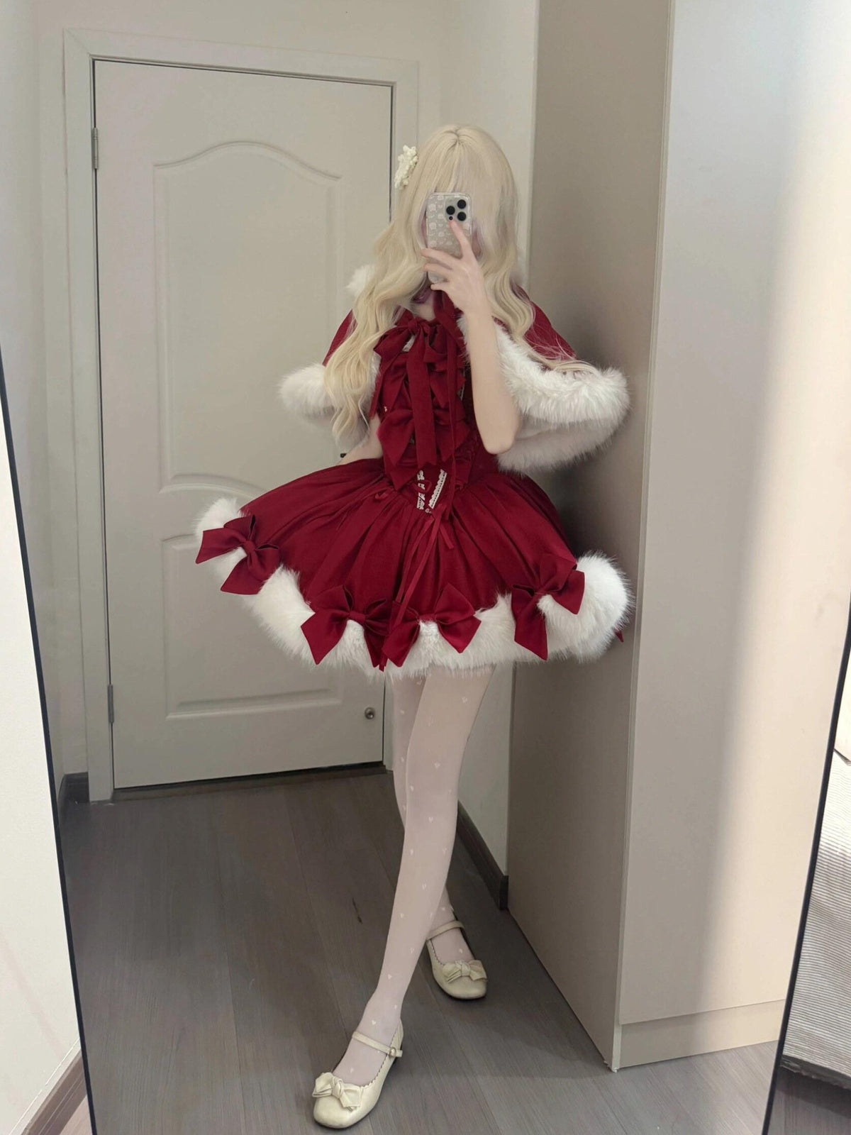 Red Christmas Lolita Dress Full Set with Winter Furry Cape