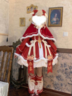 Red New Year & Christmas Lolita Dress Full Set with Cloak & Train