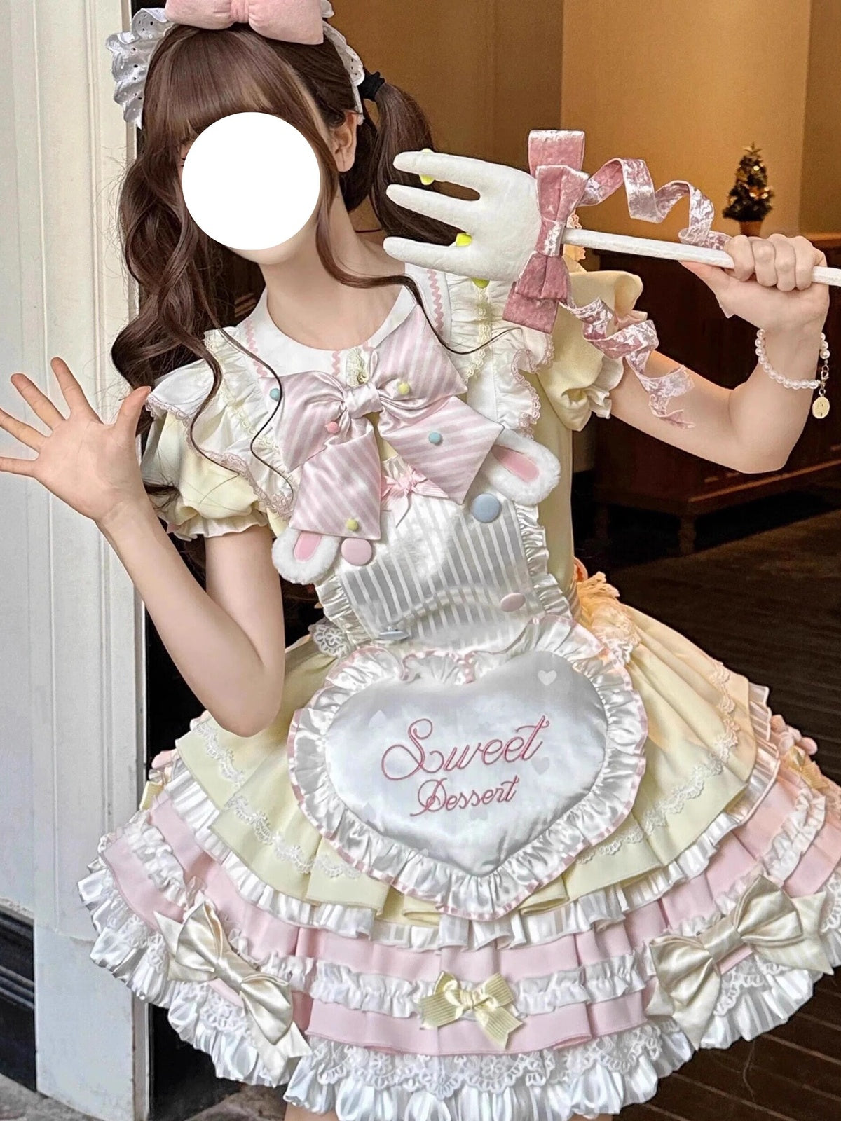 Sweet Pink Yellow Rabbit Maid Lolita OP Dress Set with Apron & Hat