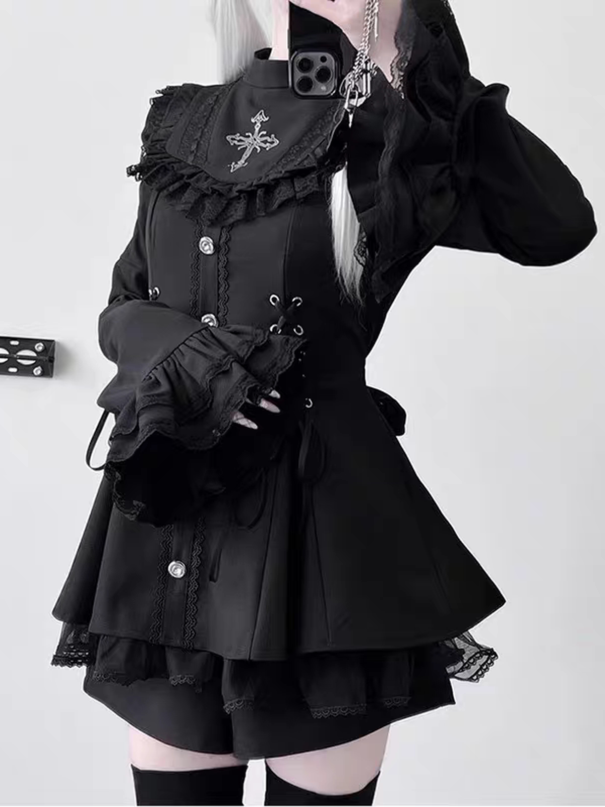 Black Gothic Lolita Nun Dress Set - Jirai Kei Subculture Outfit