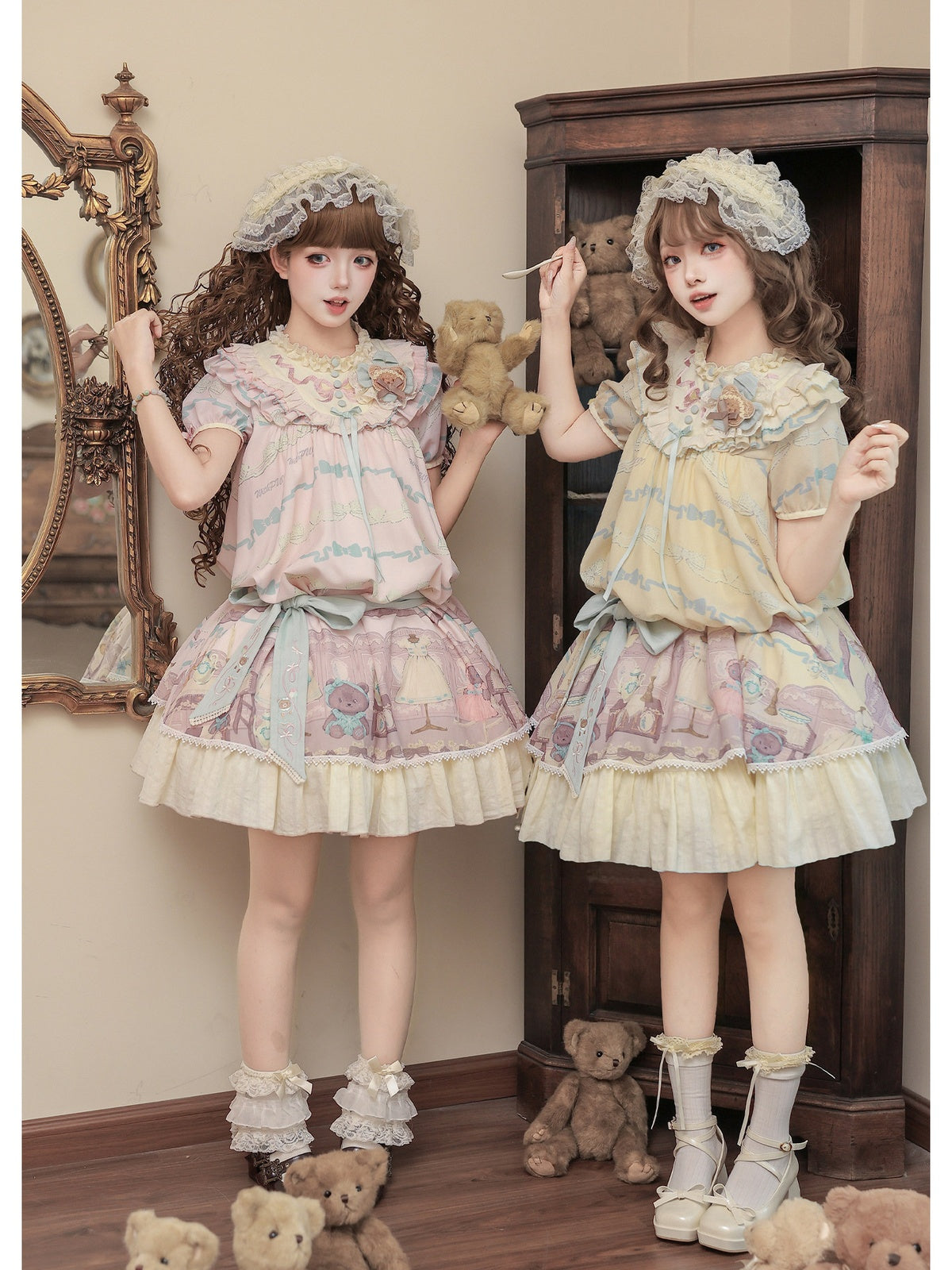 Pale Yellow Doll Lolita Bear Print OP Set with Bonus Accessories