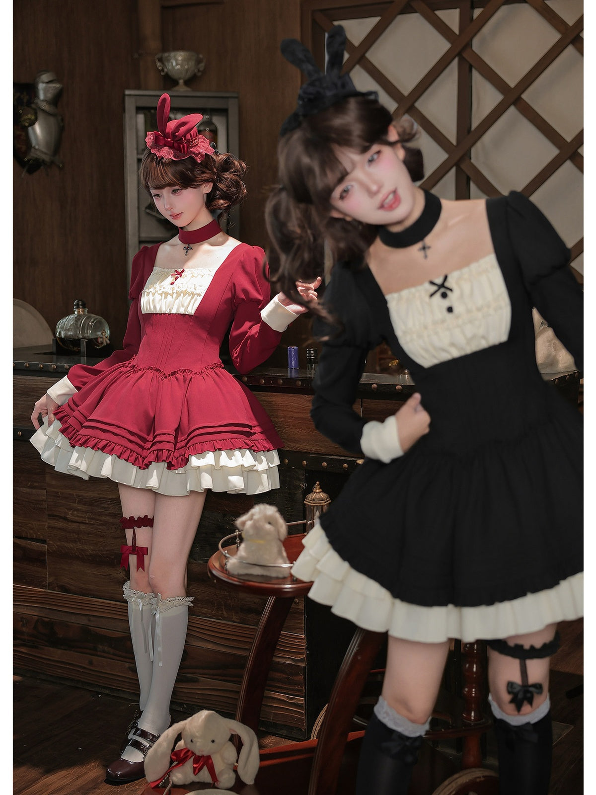 Black Vintage Square Neck Lolita OP Set with Leg Ring & Choker