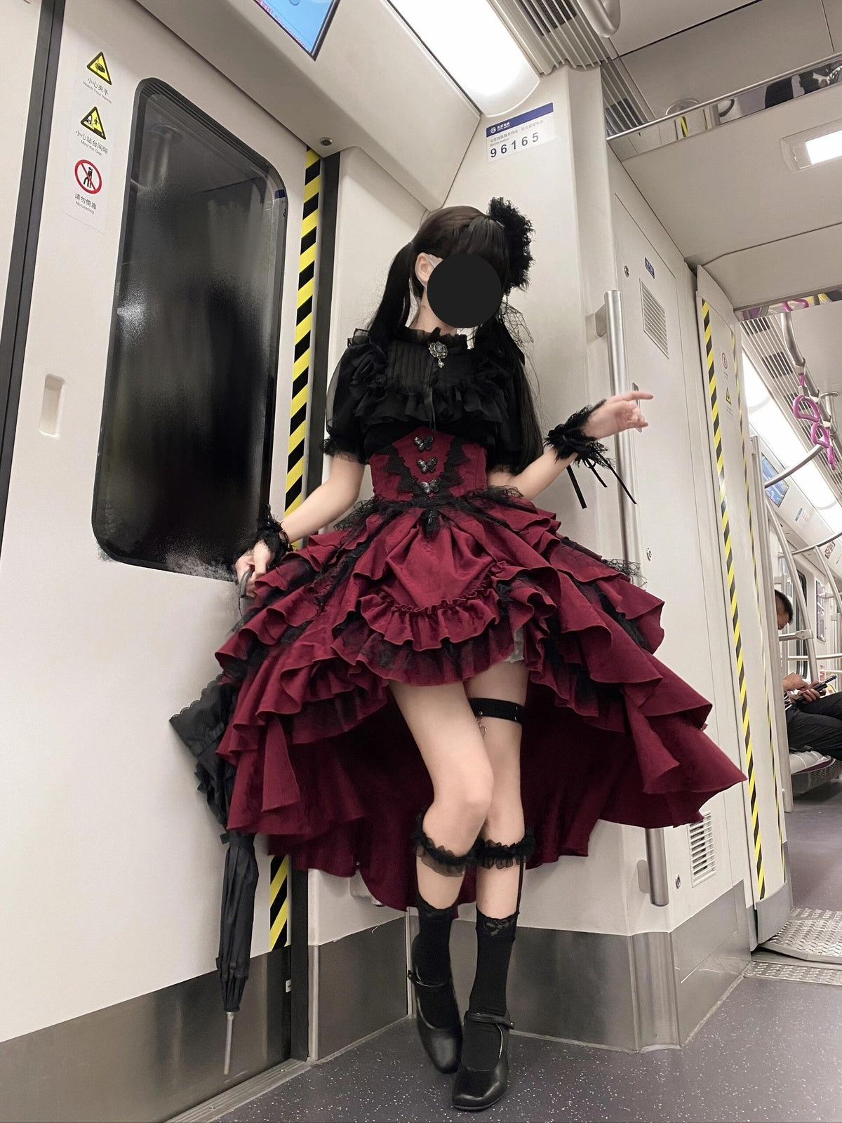 Black and Red Gothic Lolita Dress Set for Halloween Cosplay