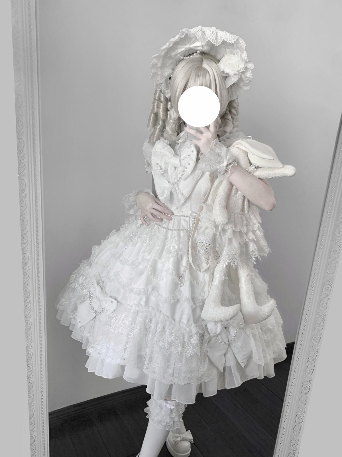 Vintage Old-School White Lolita JSK Dress Full Set with Petticoat