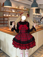 Red Plaid Lolita Dress Set with Bowknot Cape & Blouse Full Set