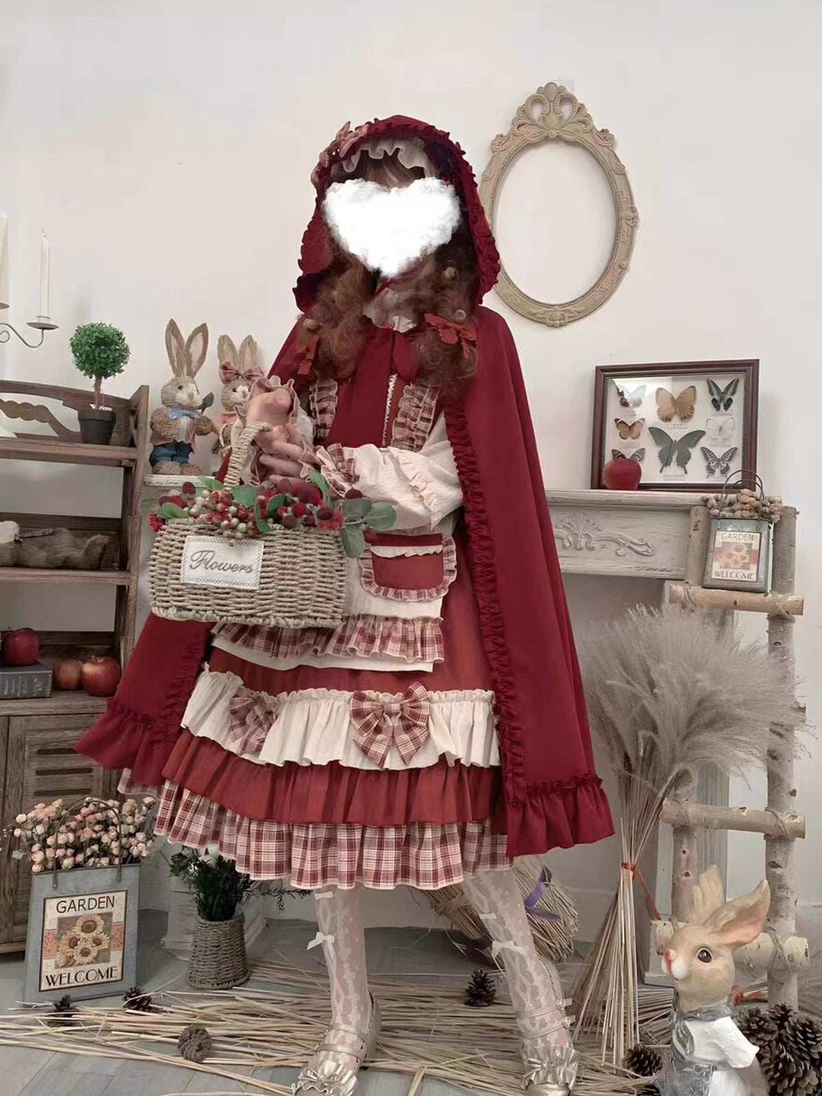 Wine Red Christmas Lolita Dress Set with Cape & Apron
