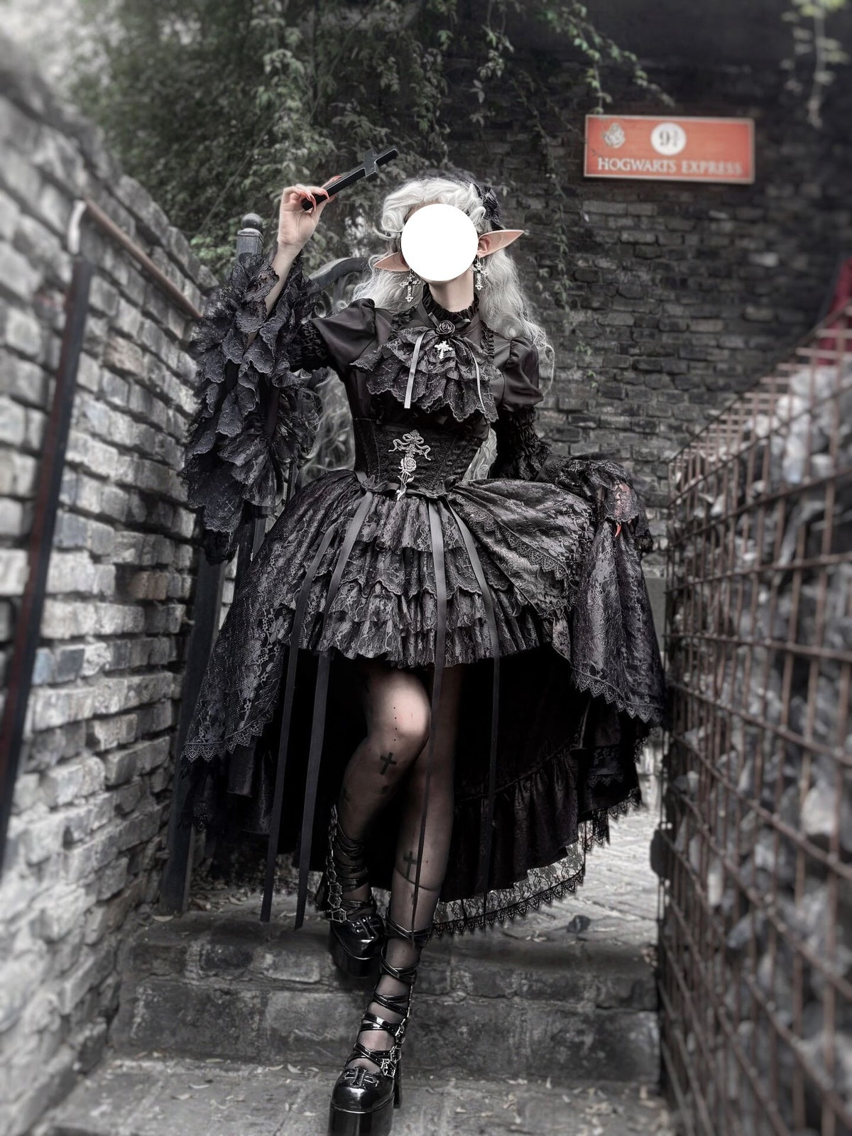 Gothic Lolita Cross & Thorns Dress Set - Black Long Sleeve Outfit