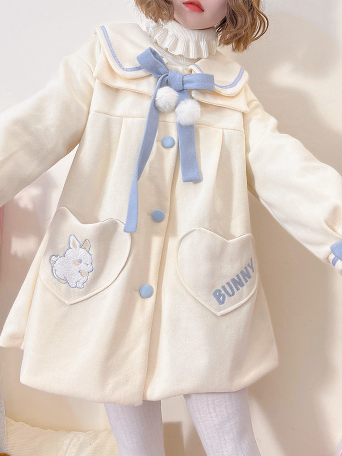 Plus Size Sweet Lolita Wool Coat: Cute Bunny Bow Winter Outerwear